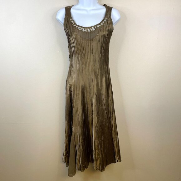 Vintage Dresses & Skirts - Vintage Y2K Golden Goddess Bronze Silky Satin Midi Dress Small Chiffon Party NYE